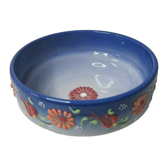 Vintage Nimet Turkish Tulip Floral Blue Ceramic Bowl Hand Painted Textured - Picture 1 of 8